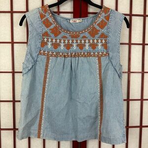 Faherty Molina Embroidered Sleeveless Cotton Top Blue Soft Denim